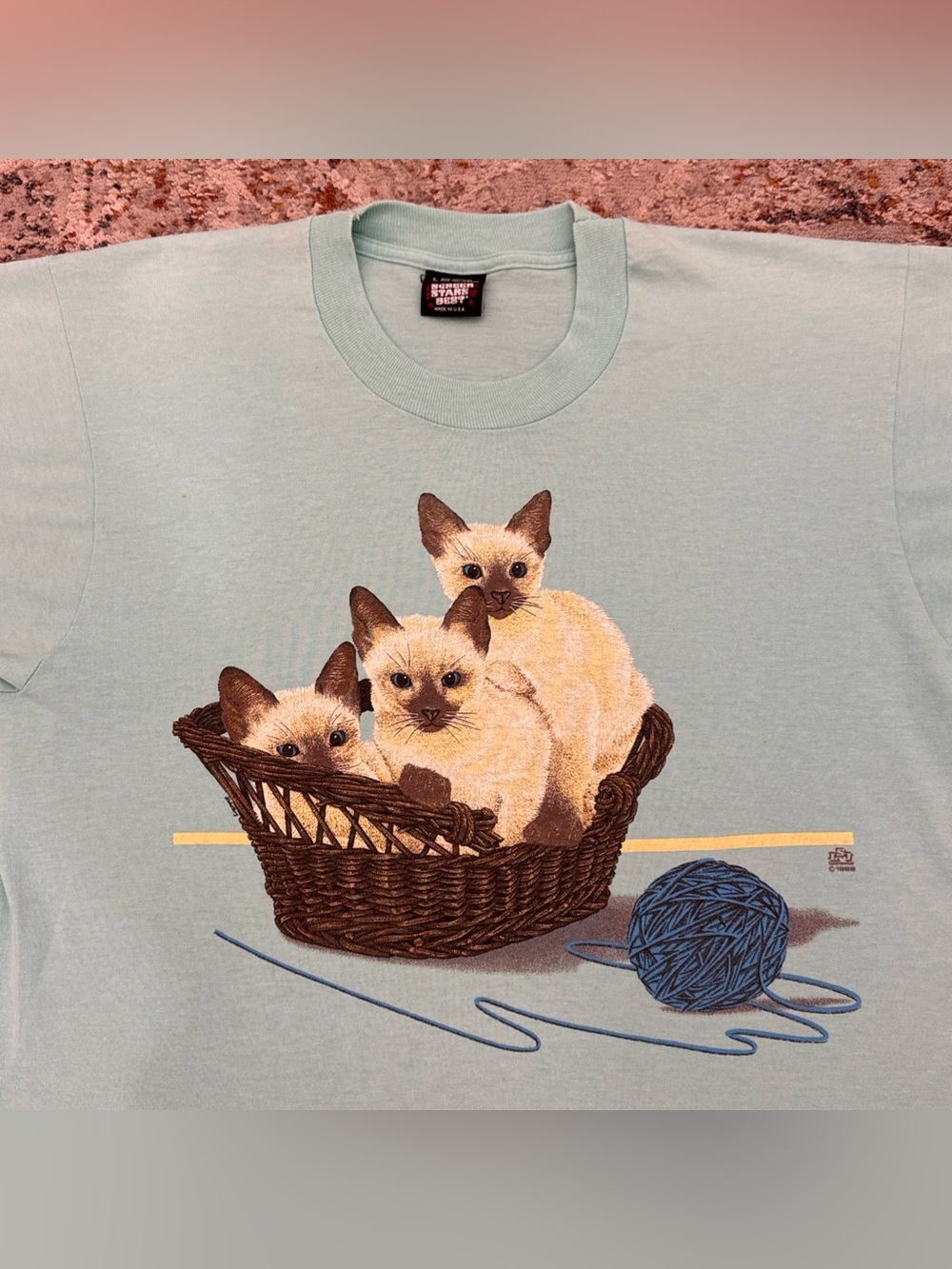 VTG 1989 Siamese Cat T Shirt Large Screen Stars Best Green Kittens Basket USA